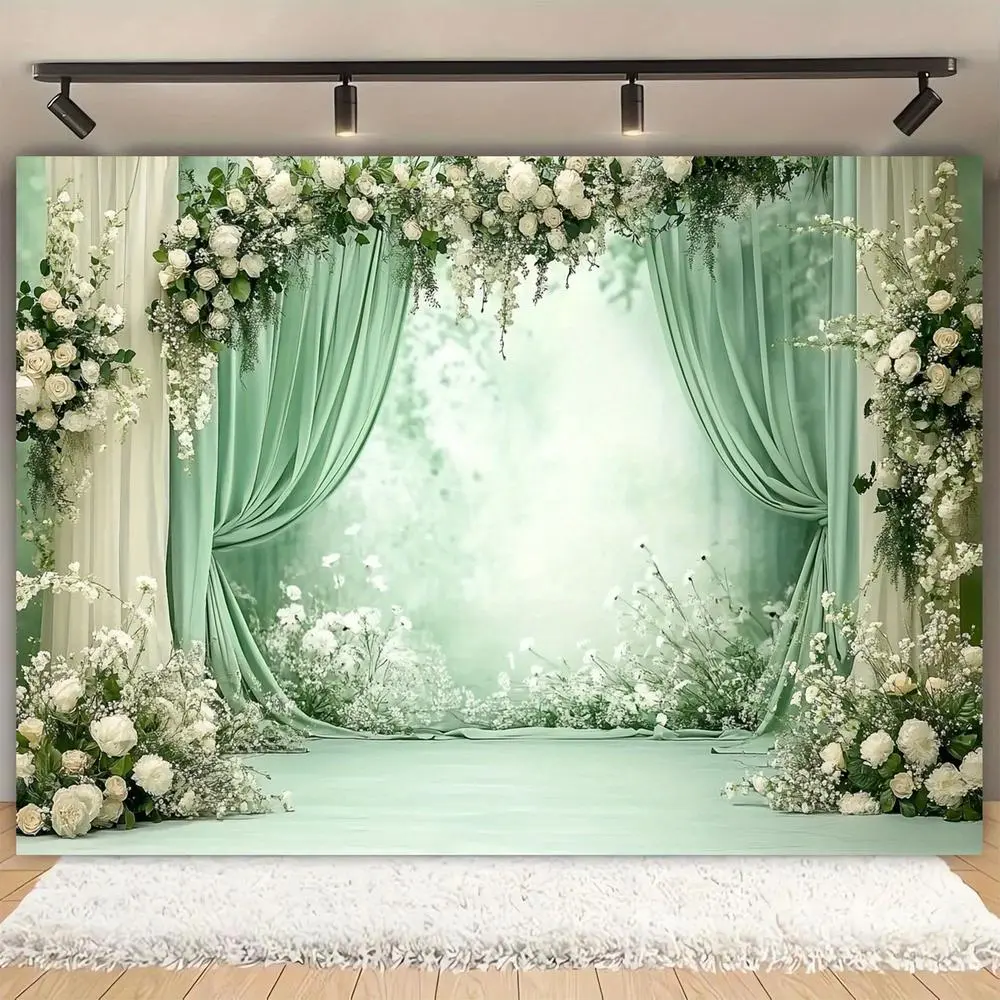 1PC 2D Flat Polyester Reusable Wedding Flower Backdrop - Green Curtain with White Floral Banners, Festive Party Photography Decor for Weddings, Birthday Events,summerwins