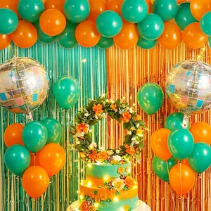 Music Party Decor Kit with Orange Teal Fringe Curtain & Disco Ball Balloon for Birthday Event