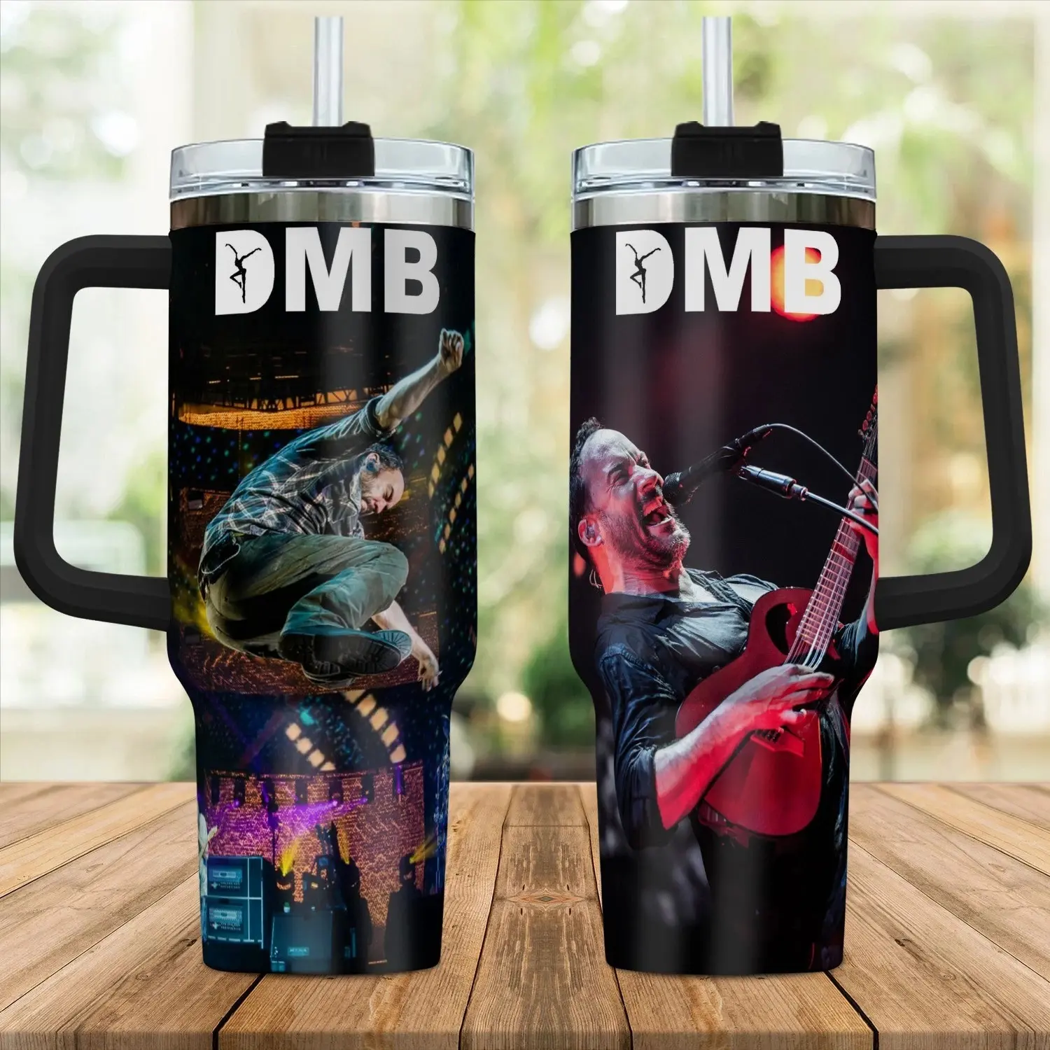 DMB Concert Collage Tumbler with Handle – Rock Music Fan Travel Cup, Double-Sided Performance Design, Gift for Dave Matthews Band Fans