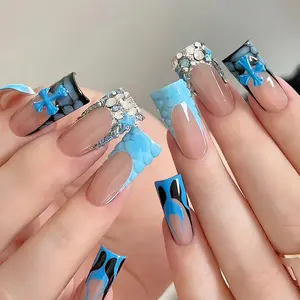 24pcs 3D Textured Press-On Nails, Square Nail Shape, Blue French Design with Rhinestones, Easy Application and Reusable Punk Nail Art, French Tips, Nail Decoration