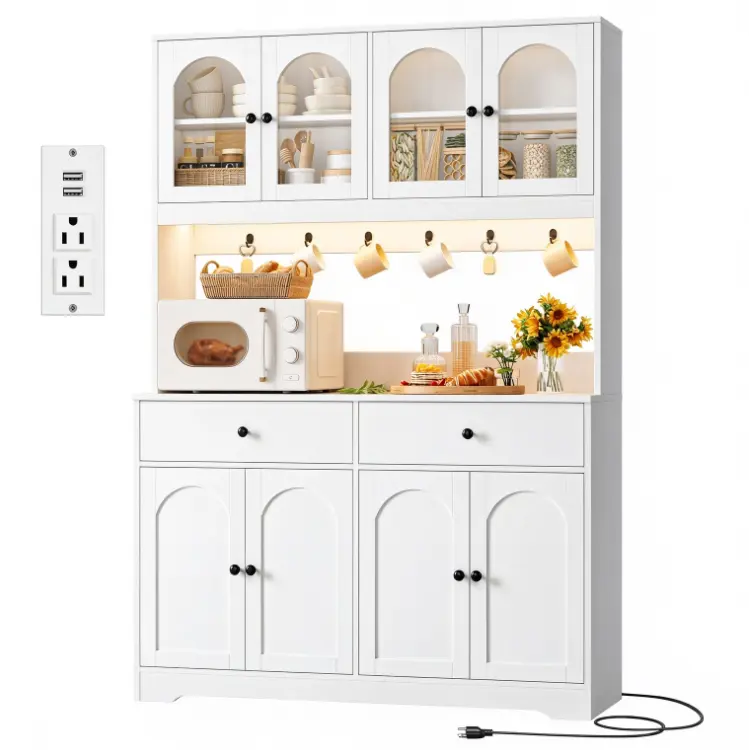 71" LED Kitchen Pantry Cabinet with Power Outlet, Tall Hutch,White