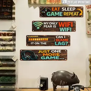 2D Flat 4pc Neon Gaming  Aluminum Plate Sign, Game Themed 4x16in Aluminum Sign, Game Aluminum plate Signs, interesting Aluminum Sign Home Decor for Diners, Garages, Gifts