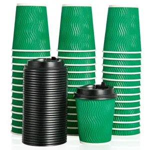 8oz Disposable Coffee Cups with Lids, Set of 5/10 Insulated Hot Beverage Glasses, Ripple Wall Paper Cups for Office & Cafe, Disposable Tableware