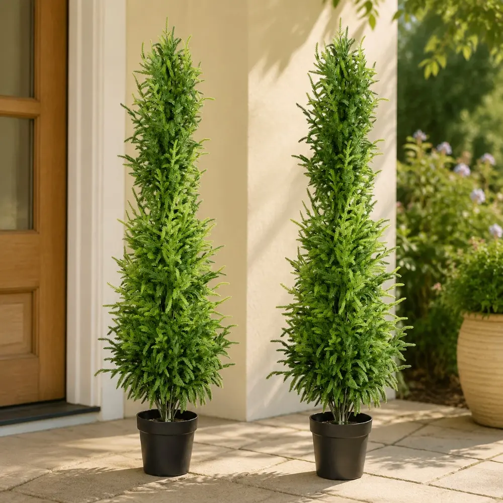 Littleox Artificial Pine Tree 5ft Real Touch Faux Evergreen Plant with Black Plastic Pot 2pc Set for Holiday & Living Room Decor