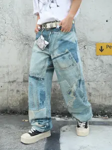 Men's Trendy Patchwork Distressed Wide-Leg Light Wash Denim Jeans, High Street Vintage Patch Design, Oversized Draped Fit, Hip Hop Y2K Streetwear Style Versatile Pants Perfect for Daily Commute, Skateboarding & Street Style