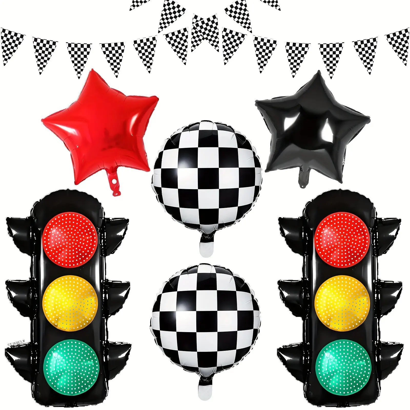 Race Car Birthday Celebration Party Decorations Set, Includes Traffic Light Foil Balloons, Checkered Pennant Banner & More, Perfect for Racing Themed Parties