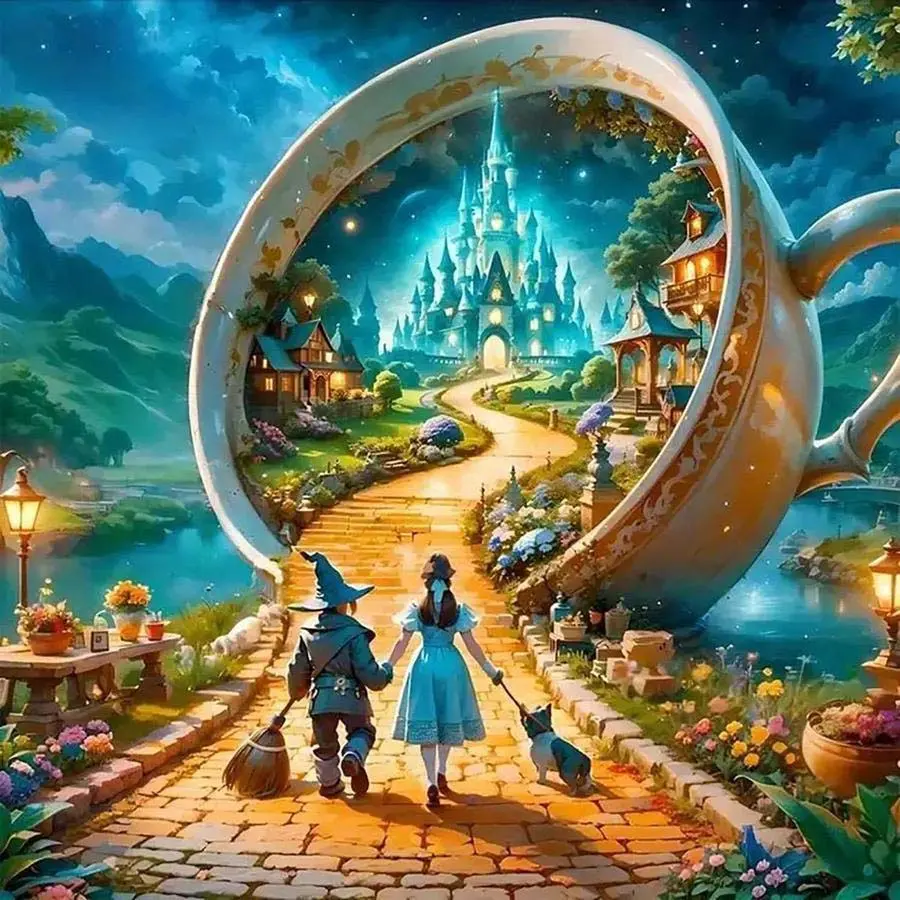 5D DIY Full Drill Round Diamond Painting - Diamond Art Kit Castle, Teacup, Fairy Tale Mosaic, Canvas - DIY Wall Art Decor, Perfect for Valentine's Day, Halloween, Christmas, Birthdays, and Anniversary Gifts, Handmade Gifts