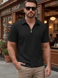 Men's Linen Texture Half-Zip Short Sleeve Polo Shirt, Luxurious Knit Collar Business Casual Top, Ideal for Daily Wear and Outdoor Activities