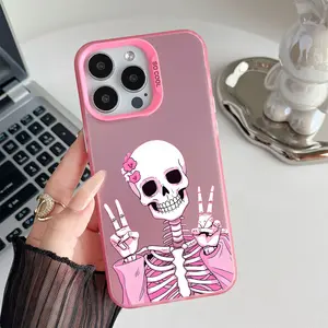Pink Skull Pattern Shockproof Phone Case for iPhone 7 8 X Xsmax 11 12 13 14 15 16 Pro Max Plus Protecitved Cover Affordable Trendy Girl Aesthetic Y2k