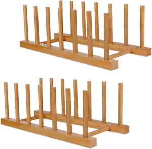 Bamboo Wooden Dish Racks Plate Stand Holder Vertical Drainer Kitchen Cabinet Organizer for Dish, Pots, Lids, Bowls, Cups, and Cutting Boards and Books(2 Packs) Set