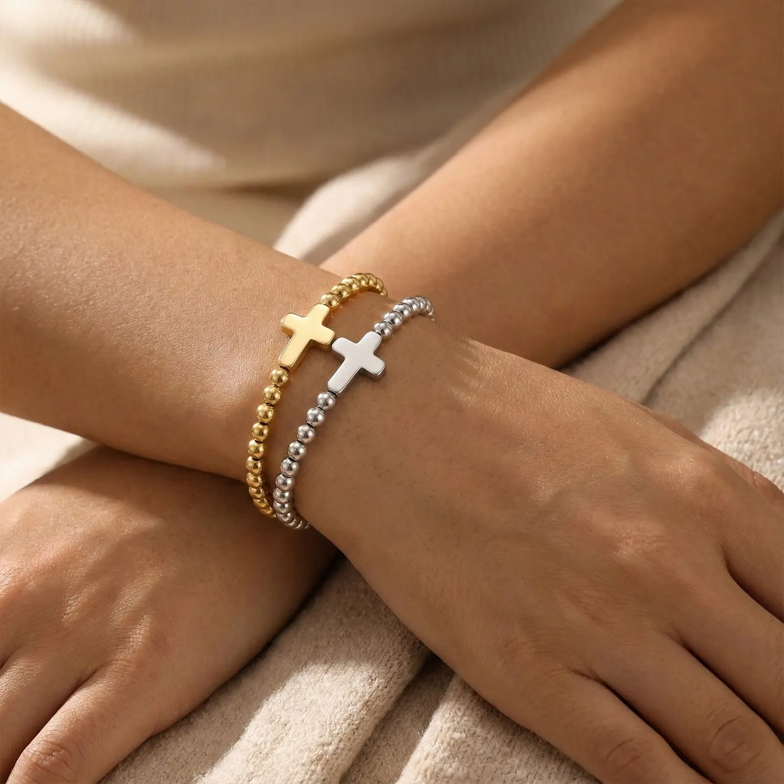 Two-Tone Gold & Silver Beaded Bracelet — Delicate Loop Style with Metal Charm — Everyday & Commute Jewelry