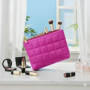 Women's girls quilted puffer gift makeup bag for travel cosmetic brushes accessories