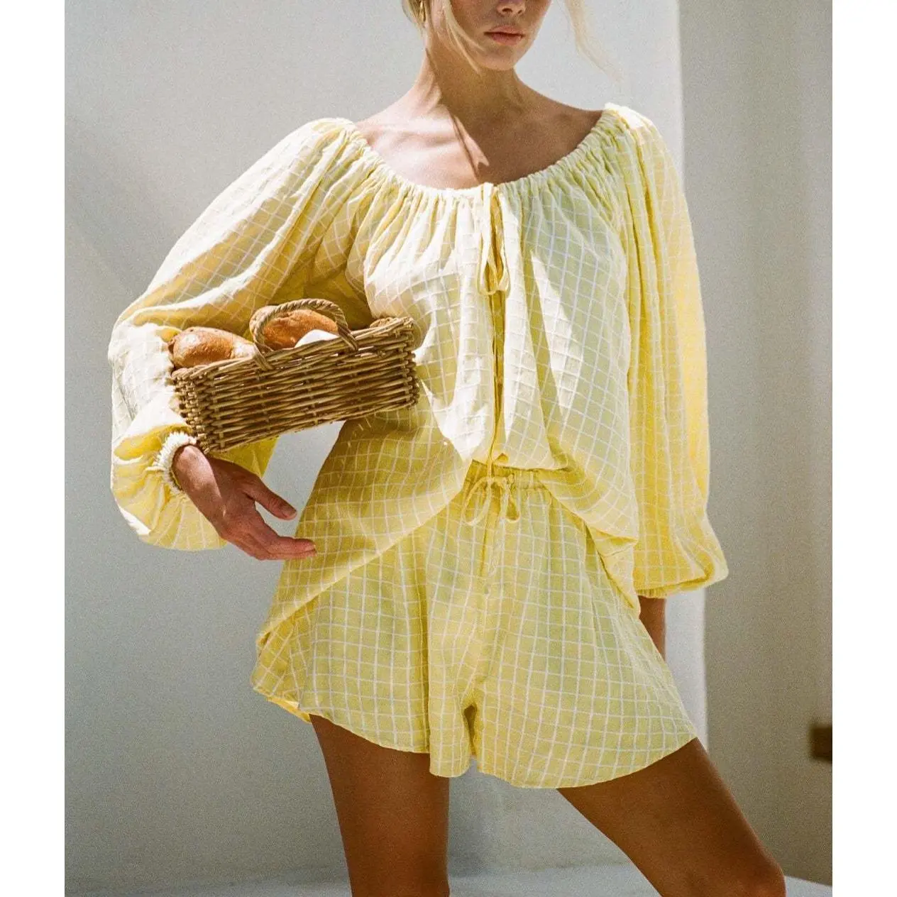 Women's Yellow Gingham 2-Piece Outfit, Off Shoulder Long Sleeve Top & Drawstring Shorts, Casual Summer Loungewear Set