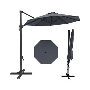 Grey 10ft Cantilever Patio Umbrella with Base - 360° Rotation Offset Sun Shade Parasol - Heavy-Duty Windproof, Waterproof Outdoor Umbrella - Ideal for Garden, Deck, Backyard, Patio