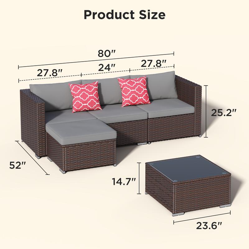 Gizoon 5 Pieces Patio Furniture Set All Weather Outdoor Wicker Sectional Patio Furniture with Cushion and Glass Table