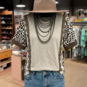 Cherrybetty 100%Cotton Leopard Print Lace Patch T-Shirt Womenswear Top T Shirts Women Oversized Tshirt Women Women's T Shirts Summer Shortsleeve Streetwear
