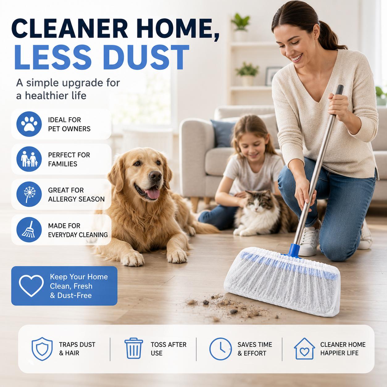 Disposable broom dust cover fitted over a household broom