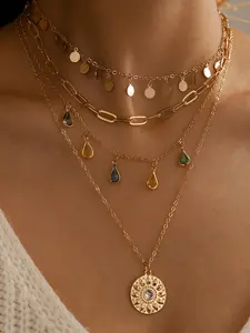 Elegant Layered Necklace for Women, Unique Design Colorful Teardrop Pendant, Vintage High-End Collar Chain, Stackable Clavicle Chain, Fashionable Jewelry, Layering Necklace