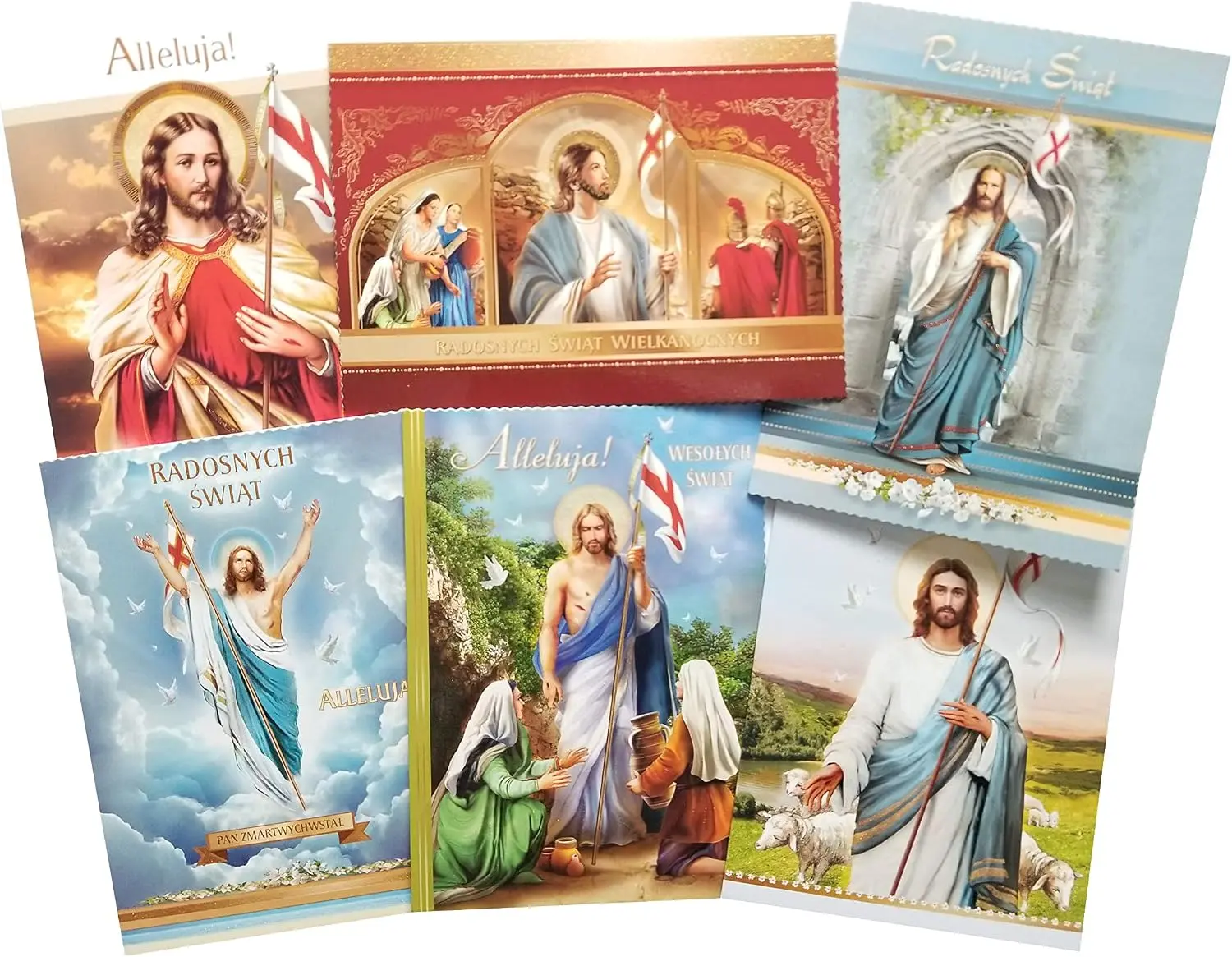 Polish Easter Greeting Cards with Glitter, Set of 6, Religious and Secular Designs