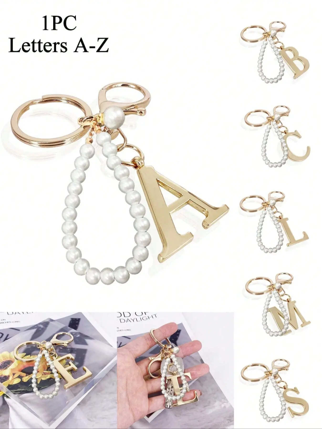 Golden Pearl Letter Keychain, Letters A-Z Three-Dimensional Pendant, Elegant Pearl Chain Flash Diamond Fashion Alloy Keychain Ring, Earphone Pendant, Backpack Charm Car Key Chains, Keychain Bag Charm