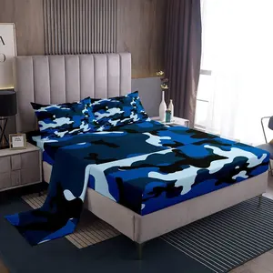 Camo Sheet Set,Army Camouflage Decorative Bed Sheets,Youth Man Colorful Pattern Art Decor Bed Set,Dark Blue Sheets