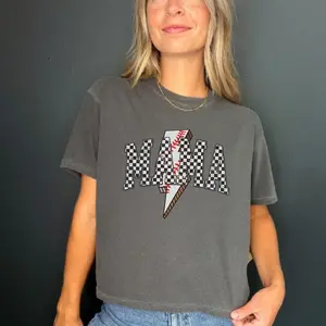 Retro Checkered Baseball Mom Boxy Tee, Mother's Day Gift, Baseball Lighting Bolt Cropped Shirt, Baseball Game Day Shirt, Oversized Mom Shirt