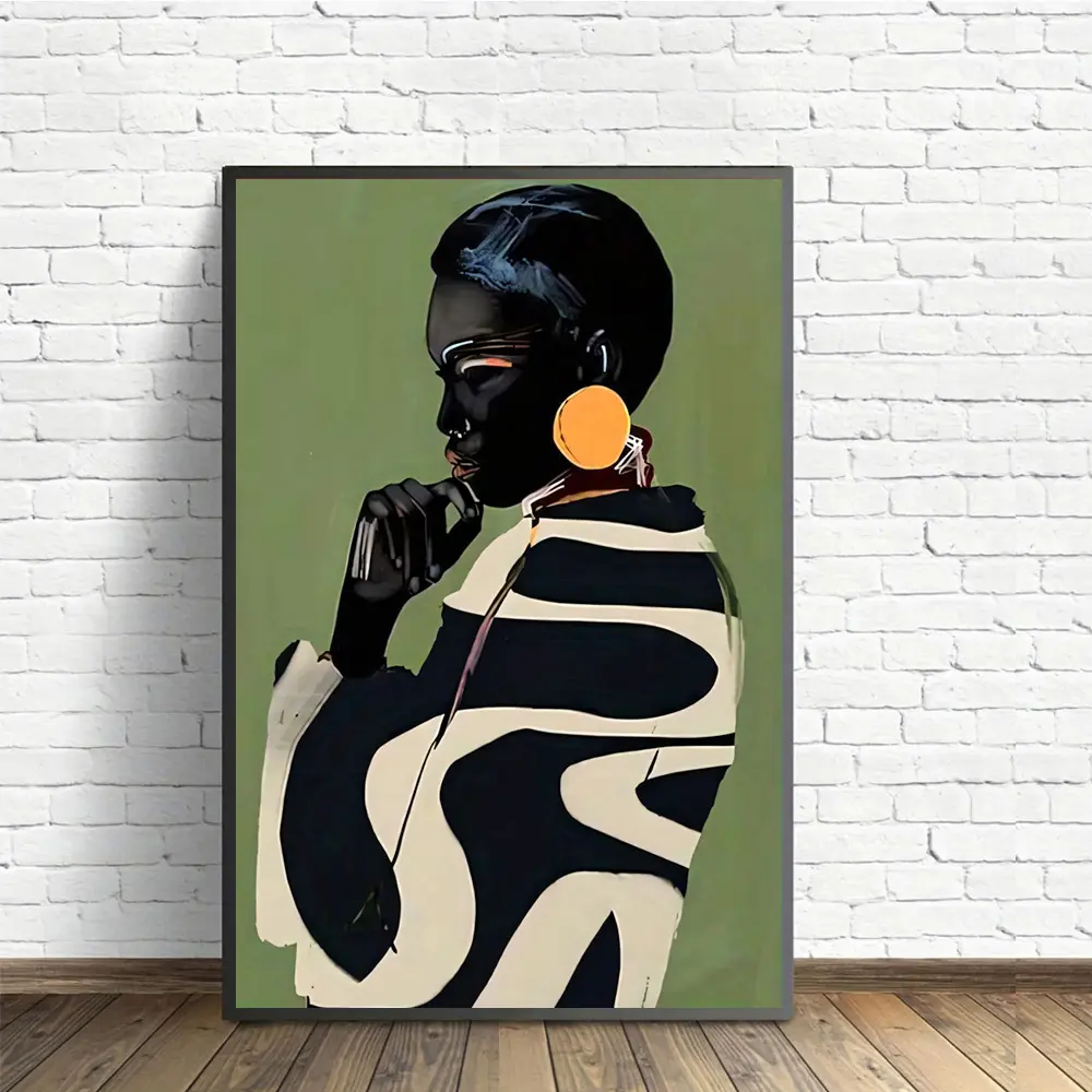1pc Art Deco African Female Portrait Graphic Canvas Print - Frameless, Minimalist Black-White-Green African Theme Wall Decor for Home Office, Living Room - Ink Medium, Fashionable Indoor Home Supplies