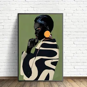 1pc Art Deco Style African Female Portrait Canvas Print - Frameless, Minimalist Black, White & Green Wall Art for Home Office, Living Room, Bedroom Decor - Ink Medium, Fashion Theme, Indoor Use, African Home Deco