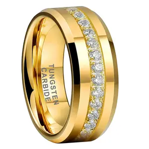Men's 8mm Tungsten Wedding Band with Full Zircon Stone Circle Comfort Fit High Polish Tungsten Carbide Ring