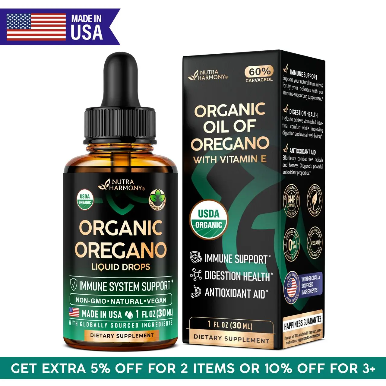 USDA Organic Oil of Oregano for Immune Support, Digestion Health & Antioxidant - Liquid Drops with Vitamin E - Made in USA - Non-GMO, Natural, Vegan -