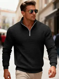 Men's Autumn Winter Stand Collar Knit Sweater, Half Zip Design, Soft Warm, Casual Fashion, Fitted, Long Sleeve, Pockets, All Seasons