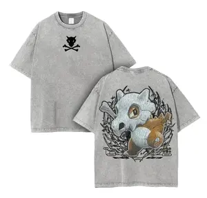 Men's Pocket Monsters "Cubone" Vintage Oversized Acid Washed Heavyweight Cotton T-shirt - Ribbed, Seamless Fit, Breathable Fabric Apparel for Anime Manga Fans
