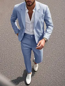 Men's Plain Slim Fit Blazer Set, Elegant Wedding Formal Wear, Long Sleeve Button Design, All-Season Suitable, Natural Waist Pants, Menswear