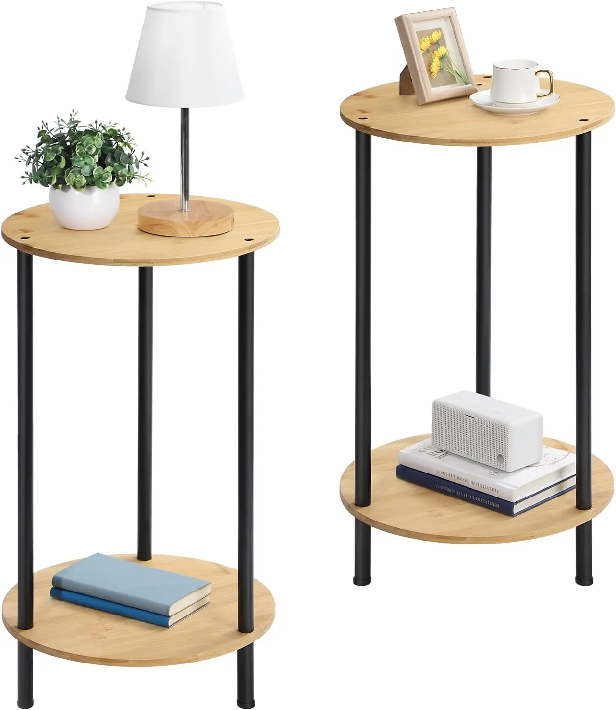Rustic 2-Piece Small Round End Table Set - 2-Tier Indoor Accent Side Tables with Storage Shelf, Nightstand, Storage Organizer for Living Room, Bedrooms (Small Spaces Compatible, Multi-Tier Round Living Room Furniture), Space Saving Furniture