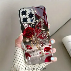 An elegant phone case with a butterfly design, featuring luxurious red rose jewelry, suitable for 17 Pro Max Phone Case 17 Air 16 E 15 Plus 14 13 12 11 X XS. Lightweight, non-slip, suitable for everyone