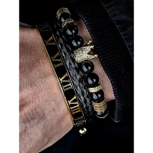Men's Black Onyx Bracelet Set, Rhinestone Crown Decor Beaded Bracelet, Braided Bracelet, Rhinestone Decorated Bracelet, Bracelet for Men, Jewellery Accessories for Gift, Accessories, Bracelets