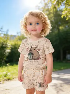 Capybara Milk Tea Healing Set Digital Printed 100% Polyester Baby Short Sleeve Set, Cute Casual Outfit for Baby Girls, T-Shirt Suitable for Daily and Outdoor Sports, Baby Clothing, Perfect Gift for Infants, Gift Sets