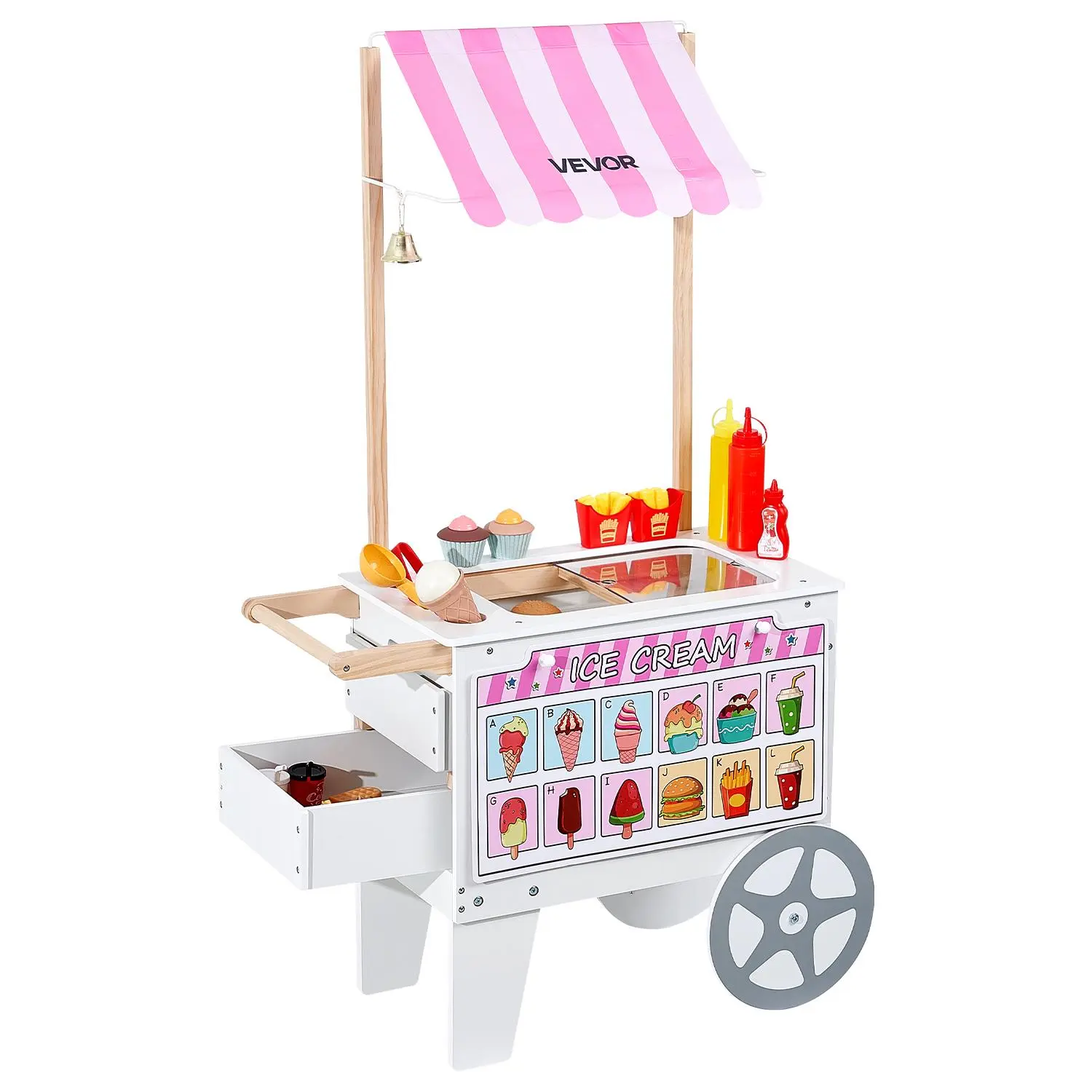 【SummerFinds】VEVOR Ice Cream Cart for Kids,  20+ PCS Accessories, Pretend Play Ice Cream Shop Kitchen Food Toys with Ice Cream Cone & Popsicle, Awning & Freezer, Storage Drawers & Flipping Menus, For Kids Aged 3-7