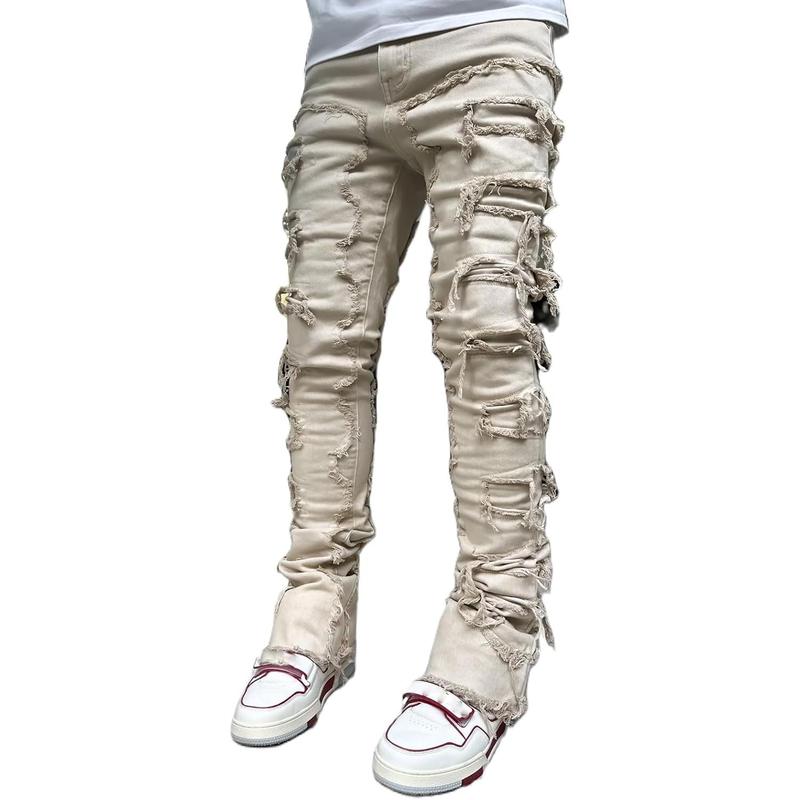 Mens Black Stacked Jeans Slim Fit Ripped Jeans Destroyed Straight Denim Pants Harajuku Hip Hop Trouser Streetwear