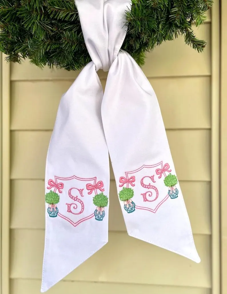 2-Pack Chinoiserie Wreath Sash For Front Door – Embroidered Monogram Letter S, Pretty Blue Floral Design