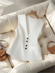 Minimalist Waistcoat Vest, V-Neck Buttonless Sleeveless Fitted Top, Office/brunch/business/travel/dating, Layering Daily Wear