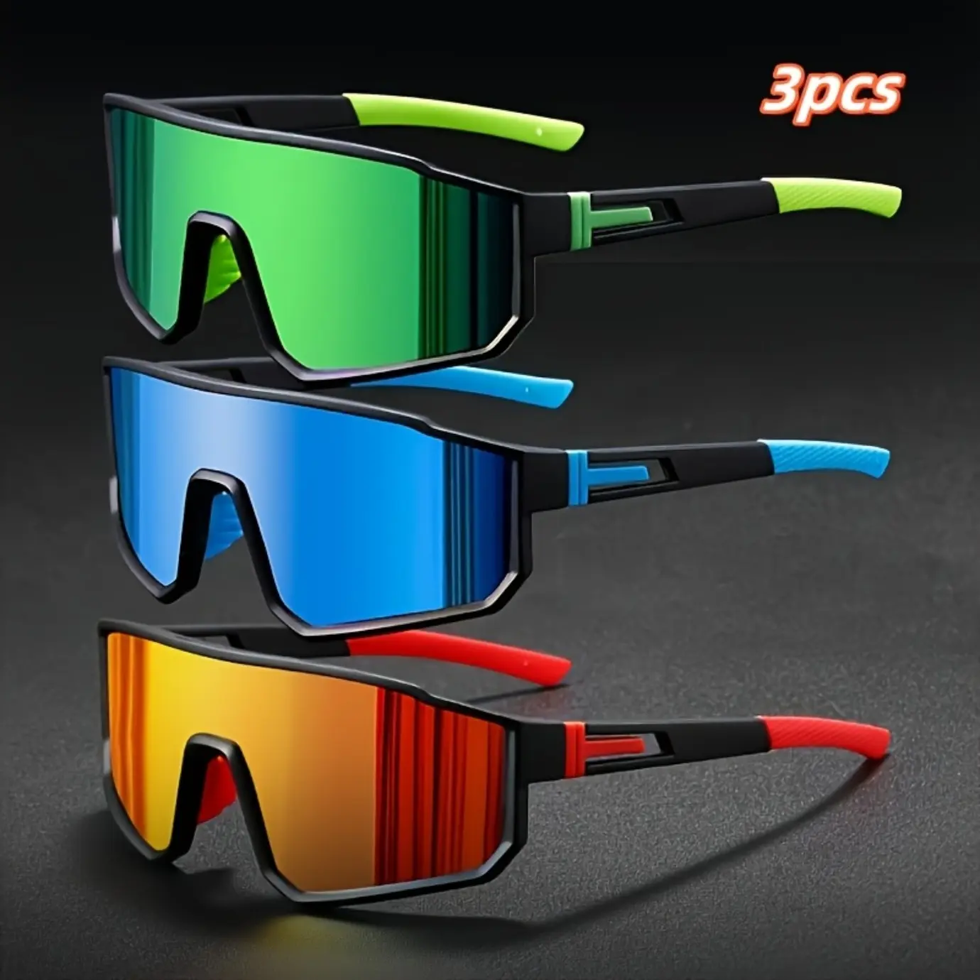 Unisex 3-Piece Sports Outdoor Sunglasses - PC Lens Eyewear, Durable Polycarbonate Frame, Mirrored, Aesthetic Contemporary Dark-Lensed Multi-Color Biker Men's Sunglasses for Hiking, Casual Wear, Aesthetic Men's Sunglasses
