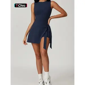 Sporty Women's Solid Color 2-IN-1 Tie Front Wrap Sports Dress, Tennis Athletic Dress, Sport Sleeveless Round Neck Short Dress for Tennis Gym Workout, Ladies Sportswear for All Seasons