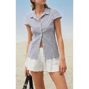 John Galt Women's White Rue Plaid Collared Top