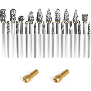 20 count Carbide Burr Set 1/8 IN Shank,   Bits Compatible with Dremel Metal Grinding Bits fits for Rotary Drill for  Stone Steel  Engraving with 2 Collets