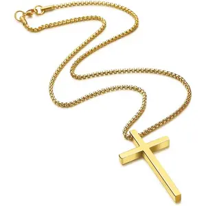 【2026 Cross Necklace】Silver Black Gold Stainless Steel Plain Cross Pendant Necklace for Men Women  Box Chain