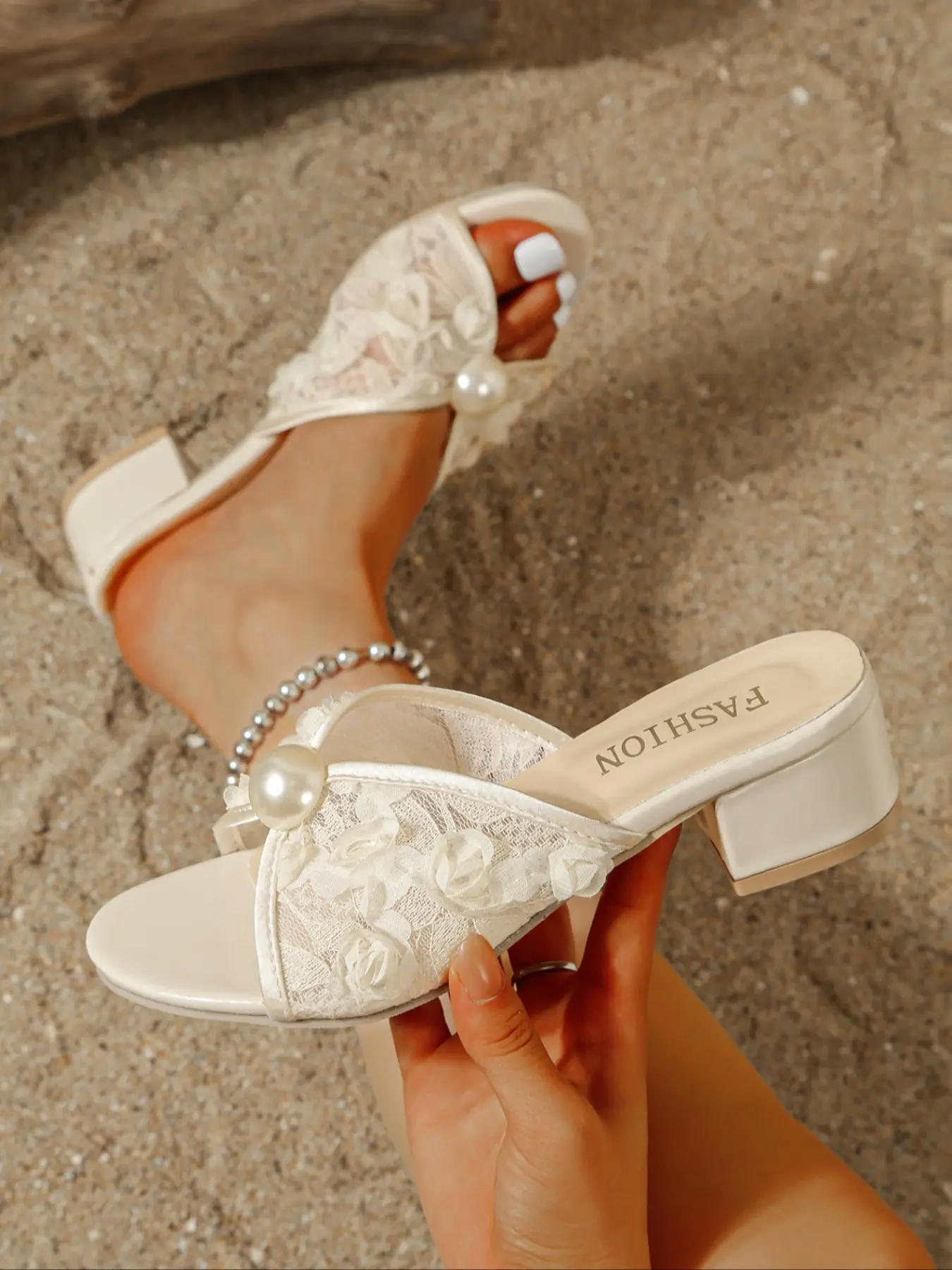 Women's White Floral Lace Pearl Block Heel Slides - Bridal Open Toe Slip-On Heels #bridalshoes #whiteheels #blockheels #tiktokshoefinds #lacesandals Elegant Evening Footwear