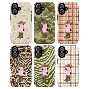 Cute Cowboy Pig Phone Case – Western Aesthetic Boots Collage, Vintage Plaid & Zebra Pattern Cover for iPhone 7–17 Pro Max, Y2K Courage & Fearless Vibe, Trendy Gift
