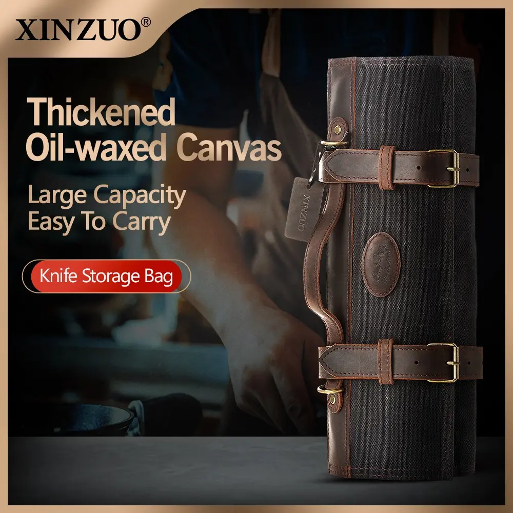 XINZUO Professional Chef's Knife Storage Bag,Extra-Large Storage Bag,Oil-waxed Canvas with Full Grain Oiled Leather,Easy to Carry,Handheld + Shoulder Strap,Ideal for Storing Kitchen Knives