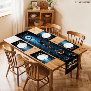2D flat printing, 1 piece/4 piece/5 piece set/7 piece set, Halloween pumpkin witch table flag and placemat set, ghost witch and pumpkin table decoration, kitchen and home decoration